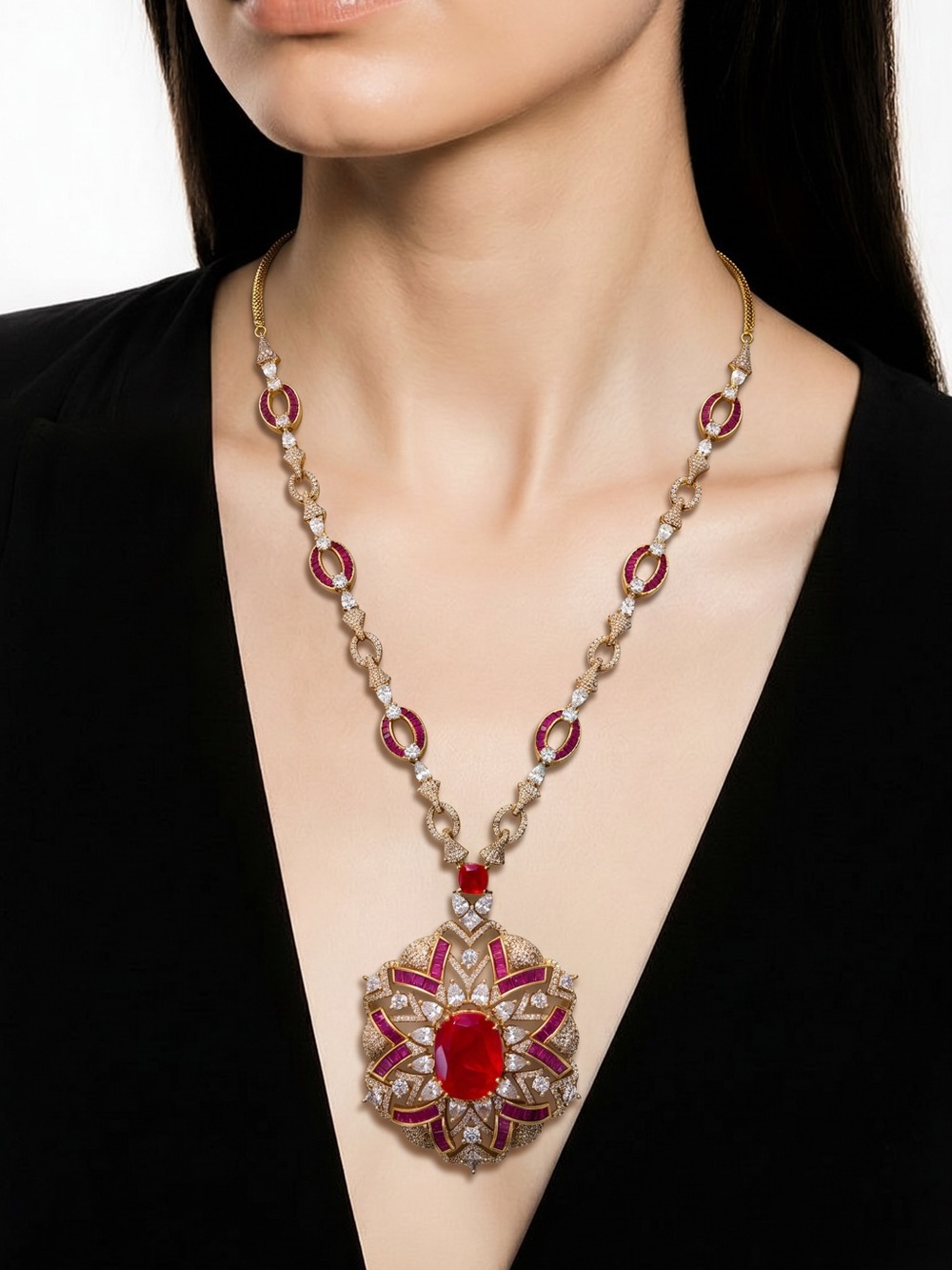 Gold-Tone Red Statement Pendant and earring set